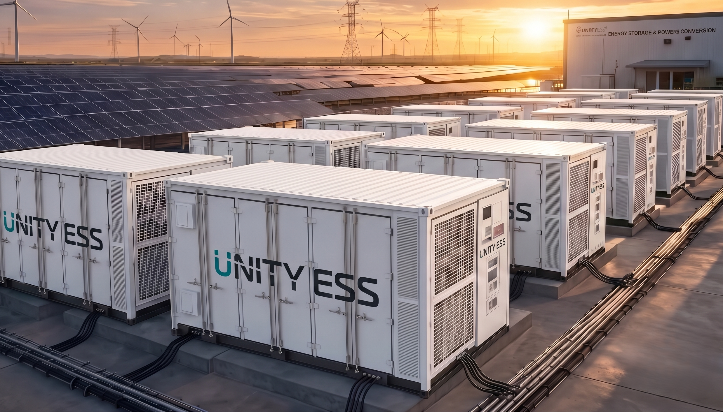 UnityESS energy storage containers at a solar and wind site at sunset