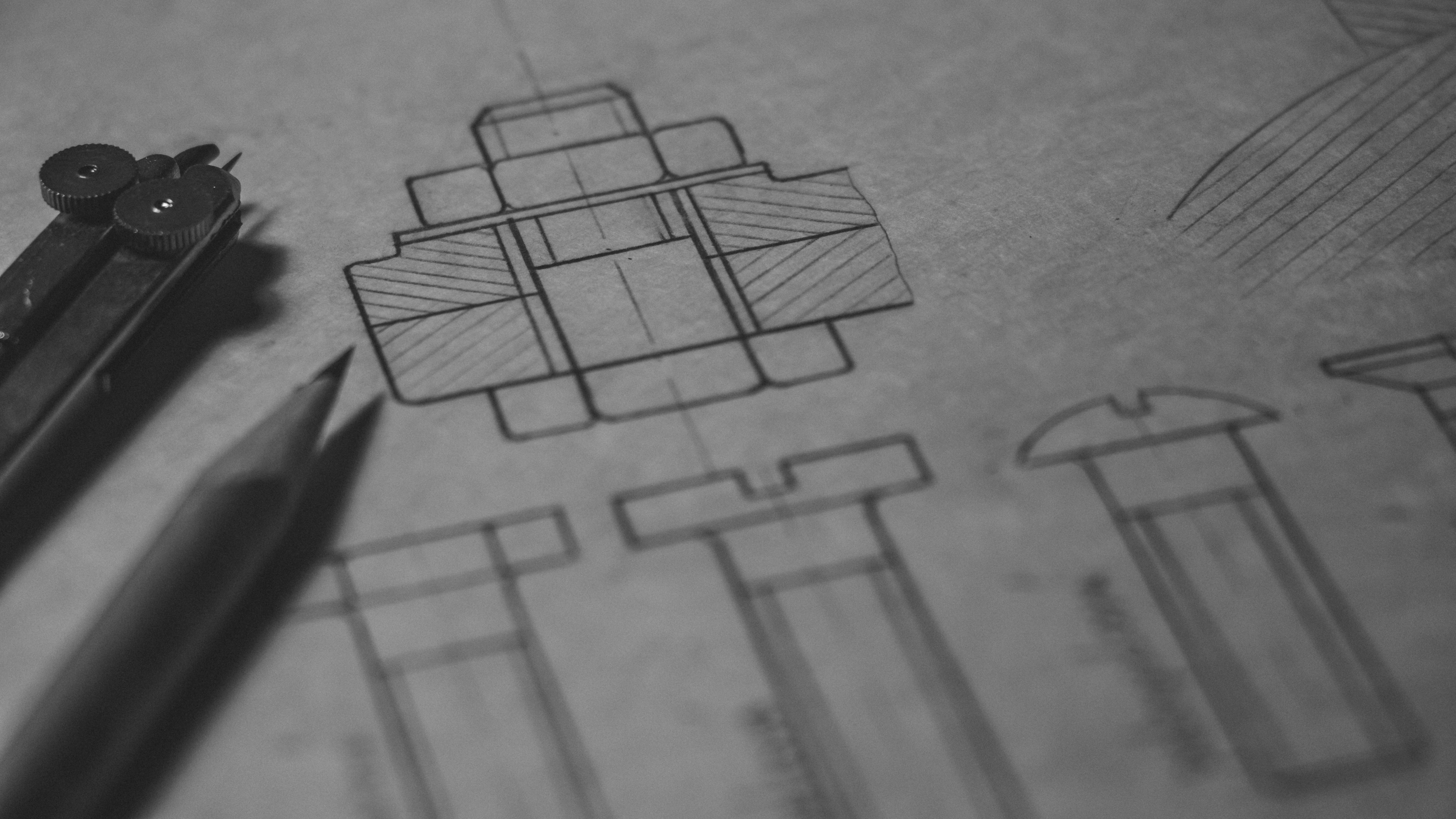 Engineering design sketches with a compass and pencil